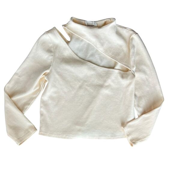 By Anthropologie Women’s Asymmetrical Cutout Ribbed Knit Mockneck Ivory Sweater - Picture 11 of 12